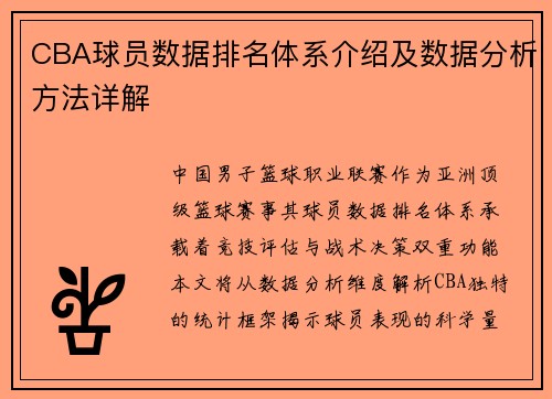 CBA球员数据排名体系介绍及数据分析方法详解